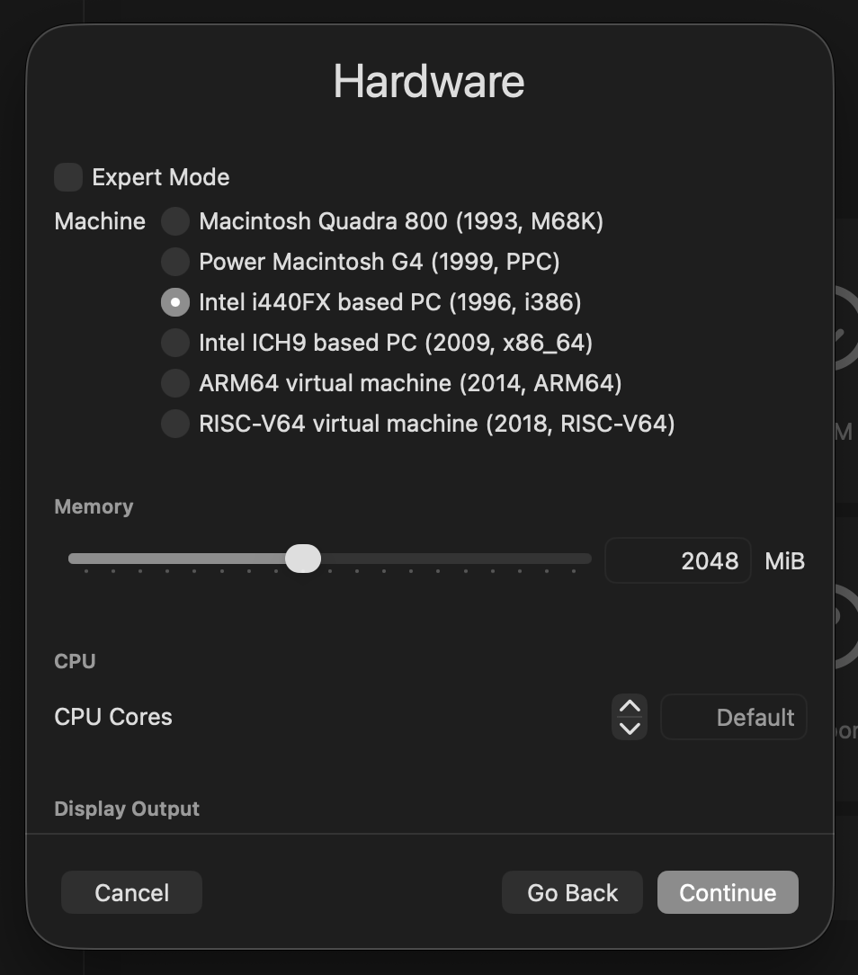 Machine Configuration Screen