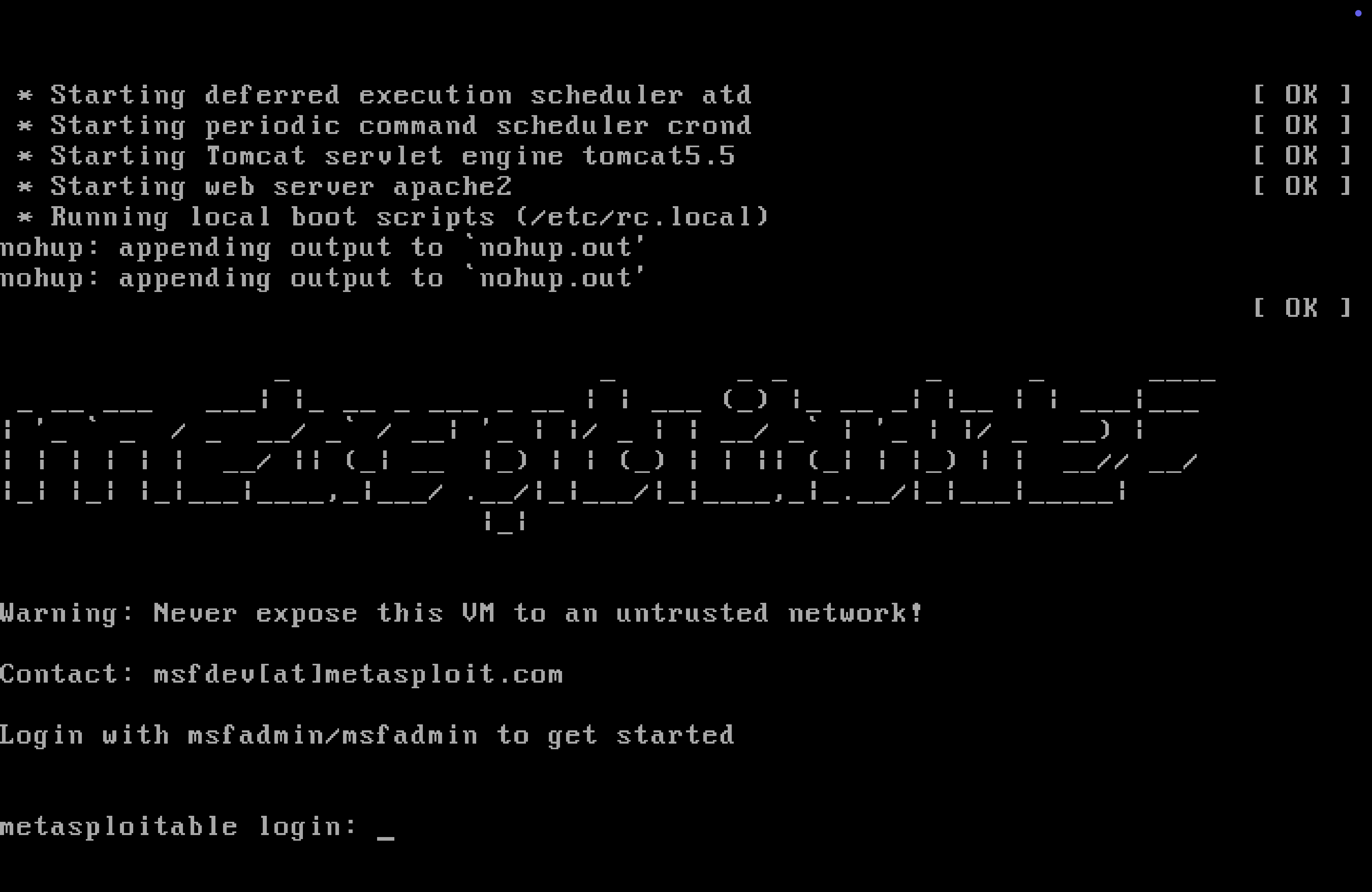 The Metasploitable logo and the login prompt